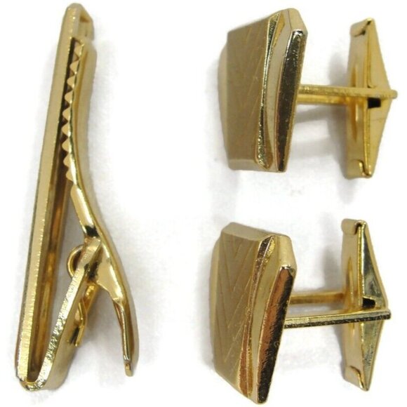 Asymmetrical Cufflinks Tie Clip Set Gold Tone Wedding Tux Vintage - Picture 12 of 16